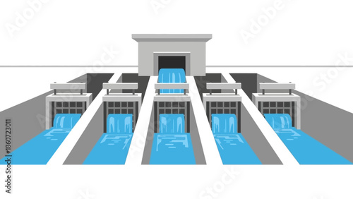 Hydraulic system with multiple water gates and flowing water in an industrial setting