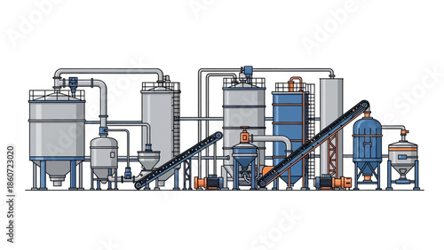 Industrial plant illustration showing a complex network of machinery and storage tanks in a factory setting