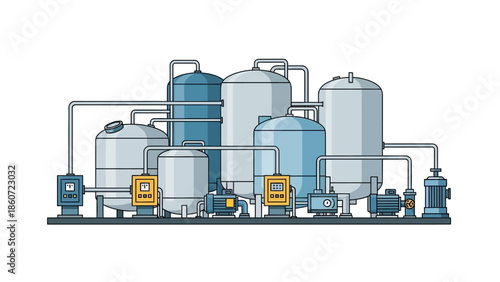 Industrial water treatment plant with pumps and tanks, illustrating a complex system for purification