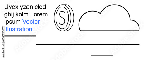 Cloud computing, financial technology, data storage, digital economy, cloud services, online transactions. Coin with dollar sign next to a cloud. Cloud computing and financial technology concept
