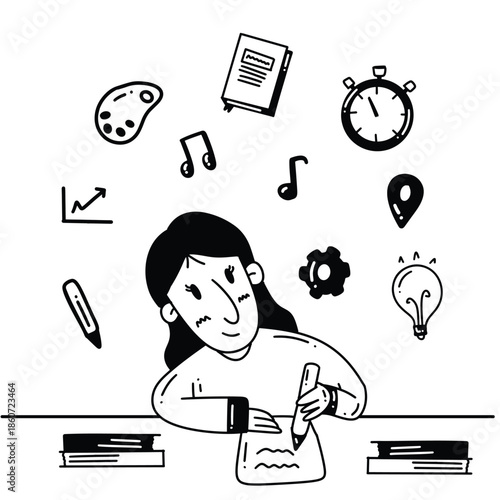 Woman sitting at a desk with books and thinking about various creative and educational concepts.