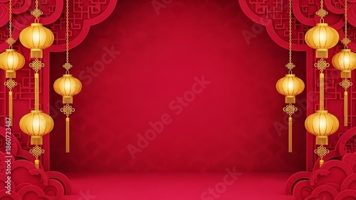 Festive Chinese Lunar New Year Red and Gold Frame Background with Dragon, Phoenix, Lanterns, and Auspicious Clouds