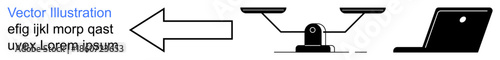 Business strategy, decision-making, technology, direction, digital work, evaluation. An arrow, a balance scale and a laptop are . Decision-making and business strategy concept