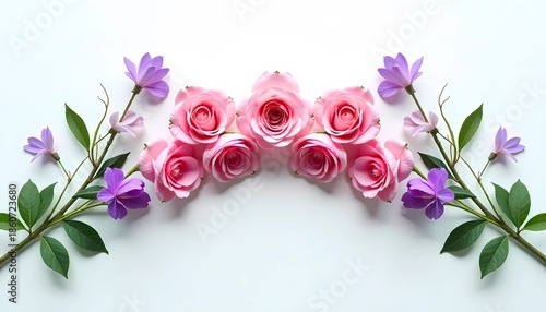 Floral Elegance: Capturing the exquisite beauty of soft pink roses and vibrant purple wildflowers, an artistic composition exudes a sense of grace and natural splendor. 