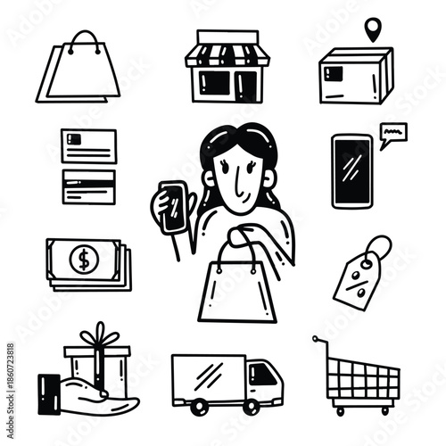 Black and white illustration of a woman surrounded by online shopping icons.