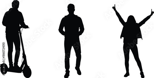 Three black silhouettes of people one on an electric scooter another standing and one with arms raised in celebration