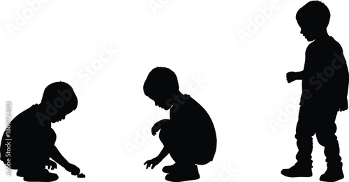 Three black silhouettes of young boys playing on a white background child
