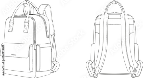 Backpack line front and back view line black and white front view straps
