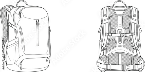 Backpack front and back view front view black and white line zippers