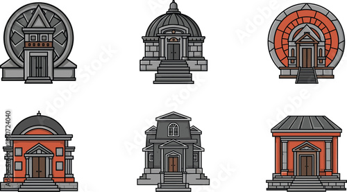 Six stylized architectural building facades with stone and brick architecture symbol