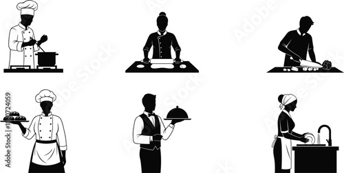 Six silhouettes of people engaged in kitchen and food service activities chef cooking