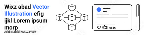 Blockchain technology, decentralized systems, digital identity, social media, data storage, online interactions. Network of connected cubes and user profile interface design. Blockchain technology