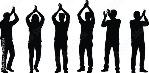 Silhouettes of six people clapping hands with arms raised against white background