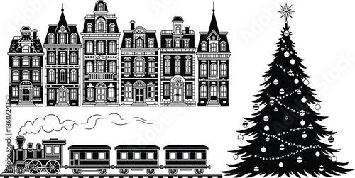 Black and white of buildings train and decorated christmas tree