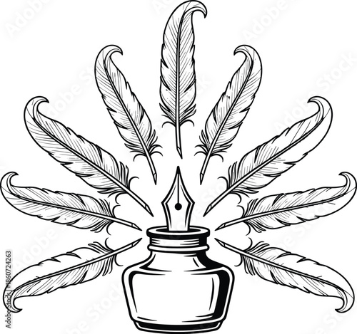 Black and white of feathers around inkwell quill pen writing