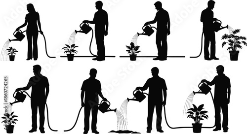 Silhouettes of people watering potted plants with watering cans and hoses