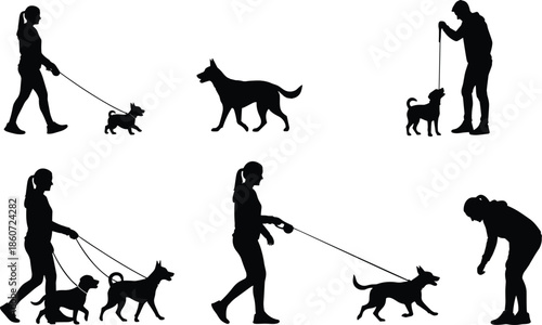 Silhouettes of people walking and interacting with dogs on leashes person