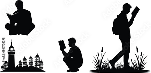 Silhouettes of people reading in different settings cityscape grass cattails