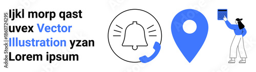 Notifications, navigation, communication, workflow, alerts, organization. Bell icon with ringing effect, blue location pin and person holding a blue document. Notifications and navigation concept