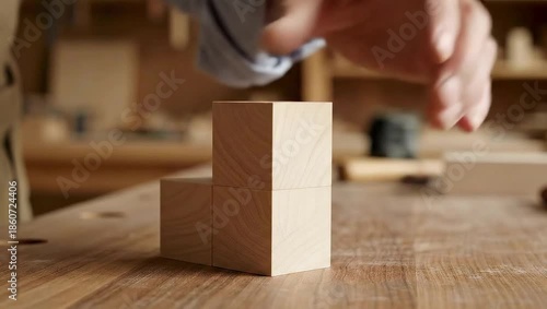 Close-up of a carpenters hands assembling wooden blocks on a workbench, showcasing precision and craftsmanship in woodworking.