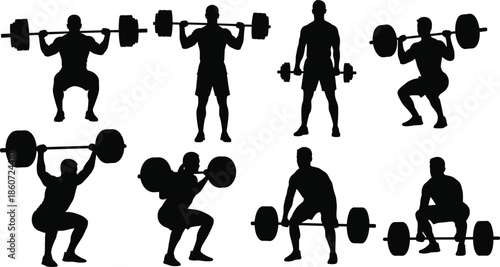 Silhouettes of men performing various weightlifting exercises with barbells