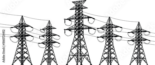 Black and white of power transmission towers power lines electricity infrastructure
