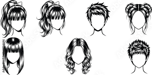 Black and white of seven different hairstyles faces people
