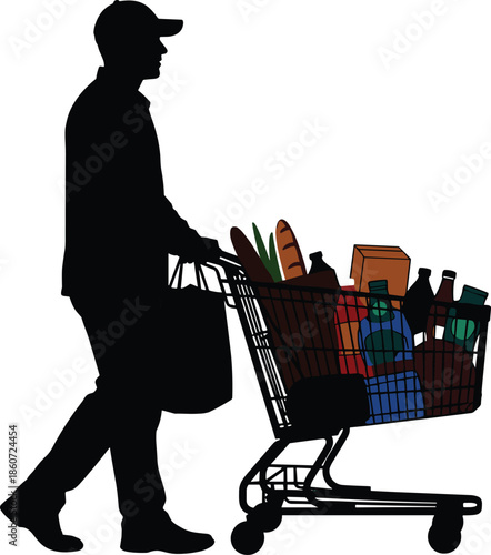 Silhouette of man pushing full shopping cart with groceries and bottles food