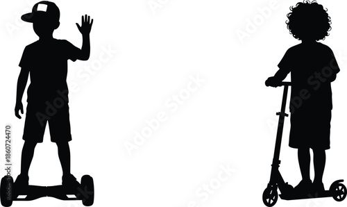Silhouette of a boy on a hoverboard waving and a boy on a scooter child