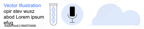 Scientific research, biotechnology, cloud storage, audio technology, data processing, digital innovation. DNA helix in test tube, microphone icon and cloud graphic. Science and cloud storage idea
