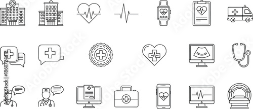 Medical and symbols in black line on white background medical healthcare symbols 1