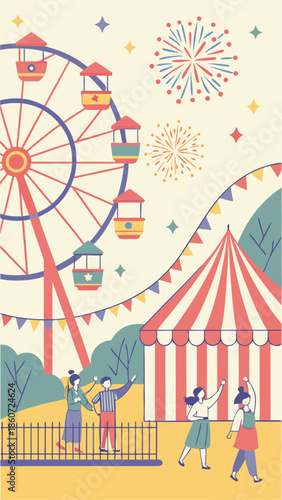 People enjoying carnival fun with Ferris wheel, circus tent, and fireworks