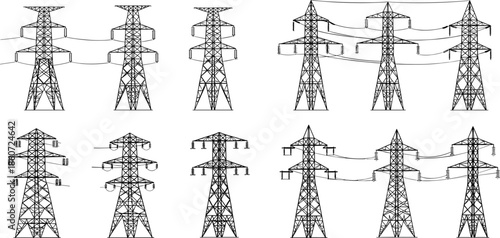 Black and white of various power line towers and pylons electricity transmission