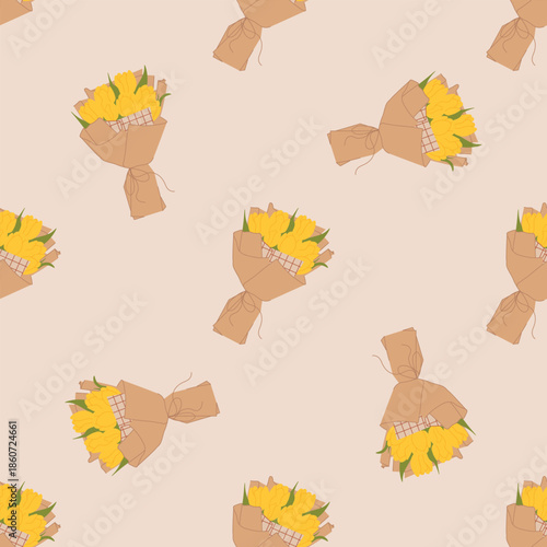 Seamless pattern with yellow tulip bouquets wrapped in kraft paper on soft beige background, cozy spring floral print for fabric, gift wrap, wedding decor and feminine branding