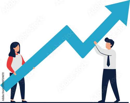 Man and woman holding blue upward trending arrow graph business growth success teamwork