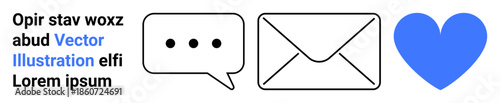 Communication, messaging apps, digital interactions, online support, relationships, social media. Speech bubble, envelope and heart icons. Communication and messaging apps concept