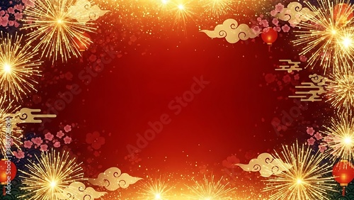 Elegant Golden Dragons and Traditional Lanterns on Red Background with Ornate Frame for Chinese New Year Celebration and Lunar Festival Greetings, Copy Space
