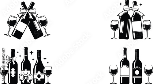 Black and white wine bottle and glass with bows wine bottles wine glasses