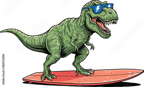 cool, cartoon, tyrannosaurus, rex, surfing, dinosaur, wearing, sunglasses, fun, humorous, illustration, colorful, vector, character, summer, beach, lifestyle, pop, art, design