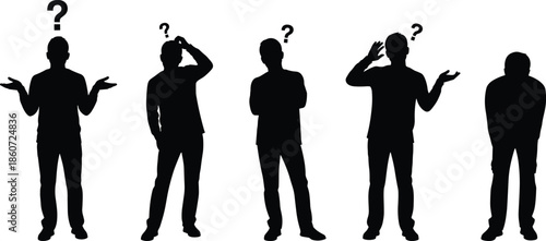 Five black silhouettes of men with question marks confused
