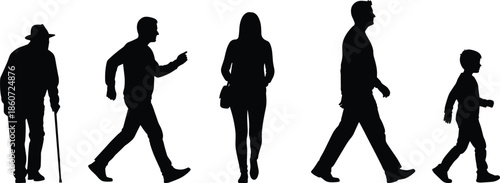 Five black silhouettes of people walking in profile on white background woman