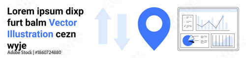 Blue location pin between upward and downward arrows alongside data dashboards and charts. Ideal for analytics, navigation, tracking, reporting, data management, user insights, simple landing page