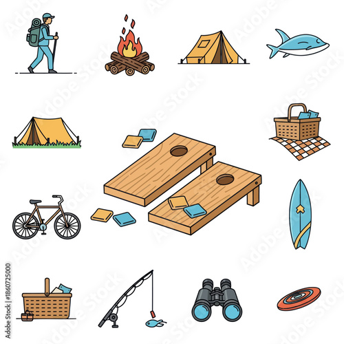 Camping and Outdoor Recreation Icons Hiking Bonfire Tent and Games.