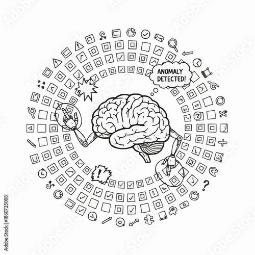 Brain with robotic arms detecting anomaly in data analysis