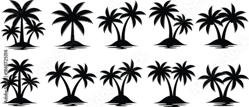 Black silhouette palm trees on small islands silhouettes tropical