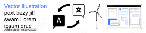 Language services, renewable energy, web interface design, translation technology, global communication, sustainable development. Speech-to-text icons, wind turbine web layout template. Language