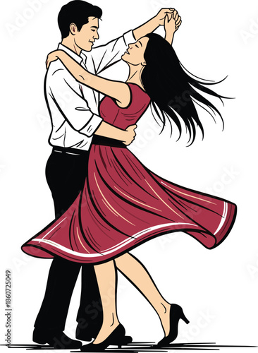 Couple dancing ballroom dance in red dress and white shirt