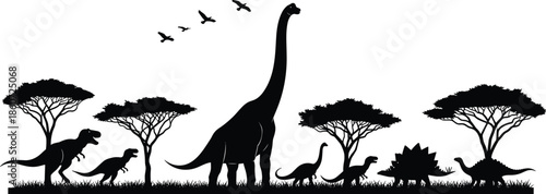 dinosaur, silhouette, prehistoric, landscape, jurassic, scene, ancient, wildlife, nature, illustration, vector, black, white, savanna, trees, birds, artwork, design, panorama, graphic