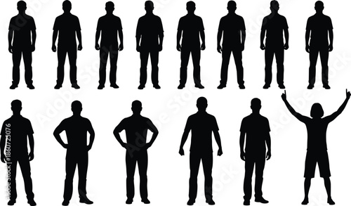 Black silhouettes of men in various poses on white background standing