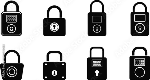 Collection of eight black padlock with different locking mechanisms security safety